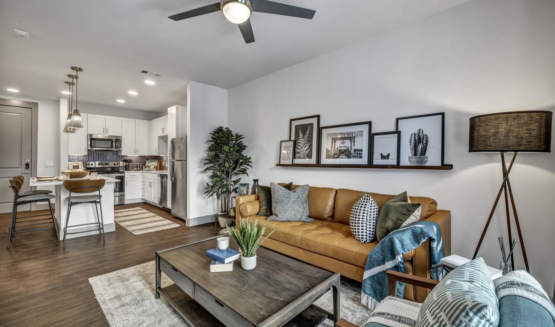 a living room with a couch and a table